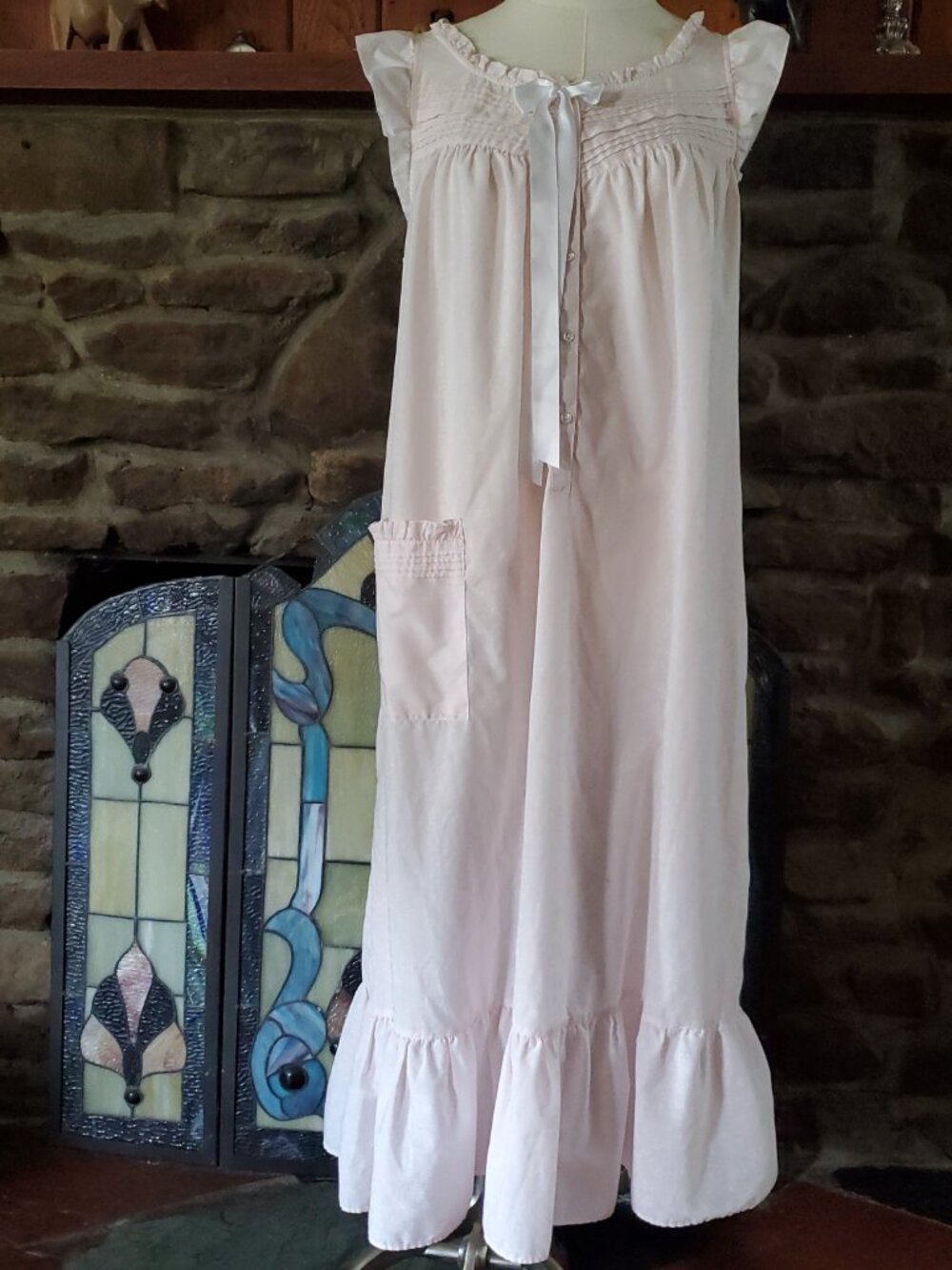 Vintage Miss Elaine Nightgown Dress Pink Floral Ruffles Cottage Maxi Small